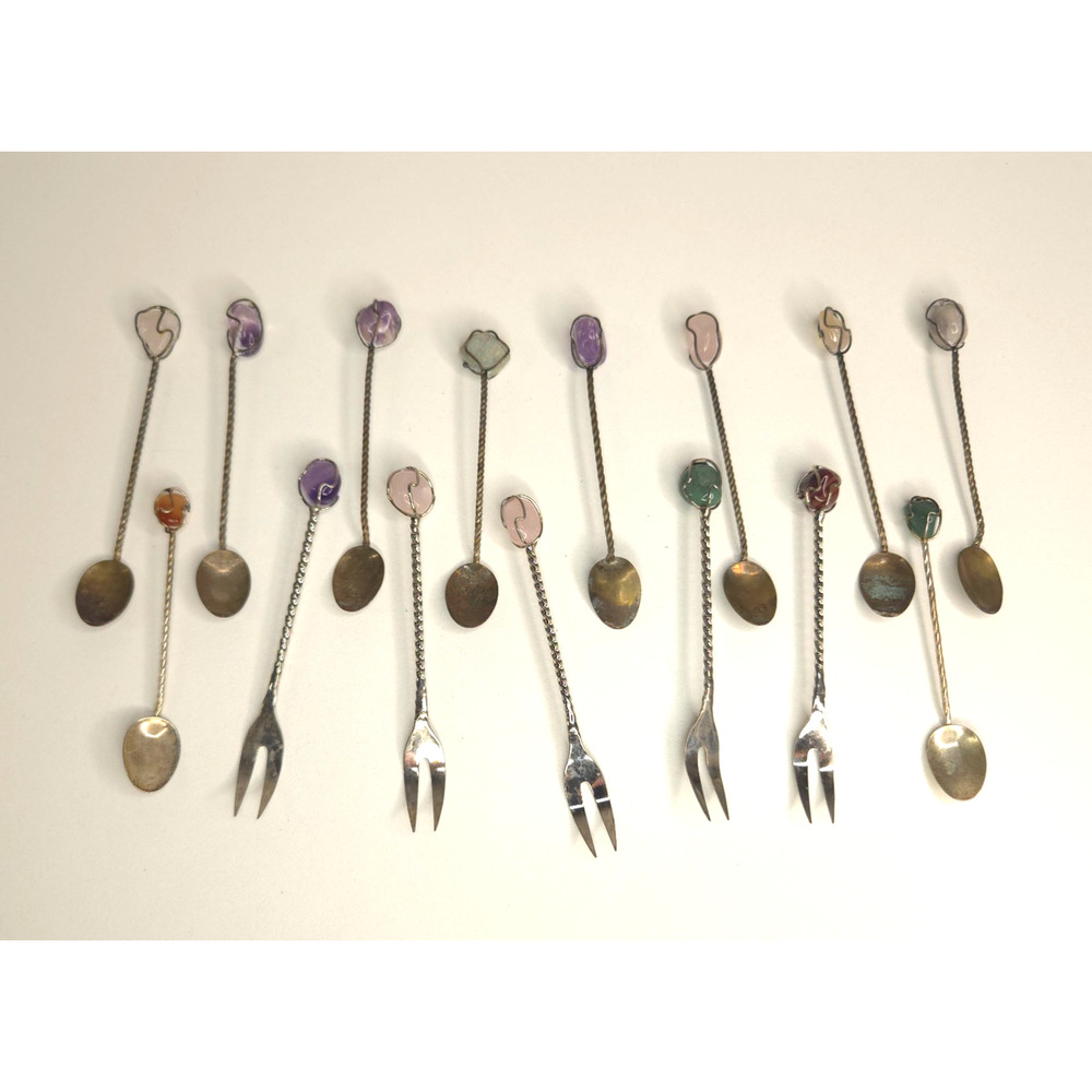 Vintage Demitasse Gemstone Twisted Spoons & Forks From Brazil Set Of 16